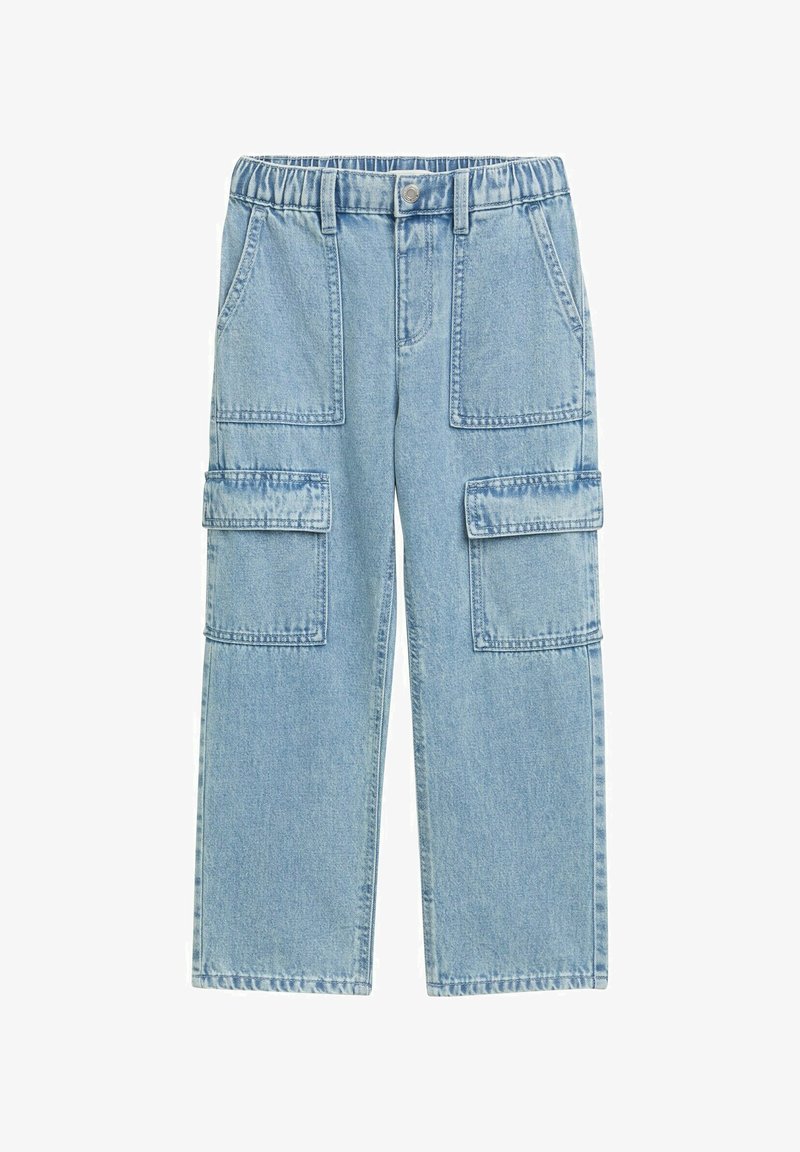 Jasnoniebieskie dżinsowe spodnie cargo z elastycznym pasem, dwoma bocznymi kieszeniami i dwiema dużymi kieszeniami cargo na udach. Podwójne przeszycie.
