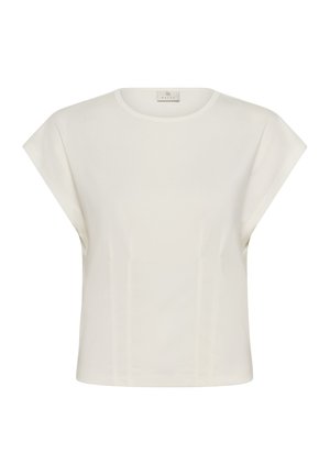 Eriti hele lühikeste varrukatega pluus ümmarguse kaelusega ja kergelt pikendatud õlgadega, esitatud lihtsal valgel taustal.