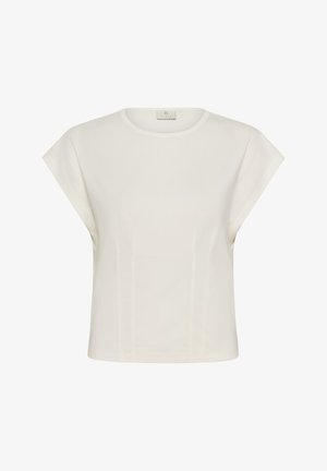 Eriti hele lühikeste varrukatega pluus ümmarguse kaelusega ja kergelt pikendatud õlgadega, esitatud lihtsal valgel taustal.