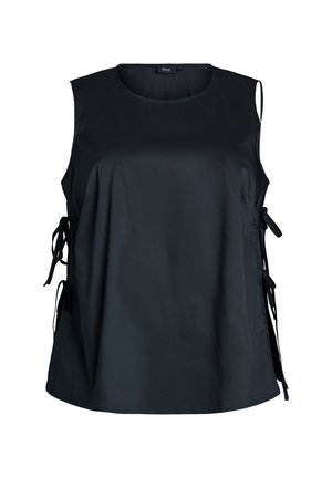 Blusa nera senza maniche con scollo rotondo e lacci laterali regolabili su entrambi i lati.
