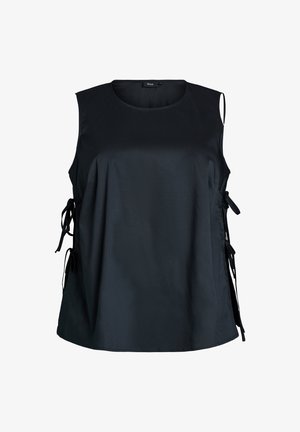 Sort ærmeløs bluse med rund halsudskæring og justerbare sidebind på begge sider.