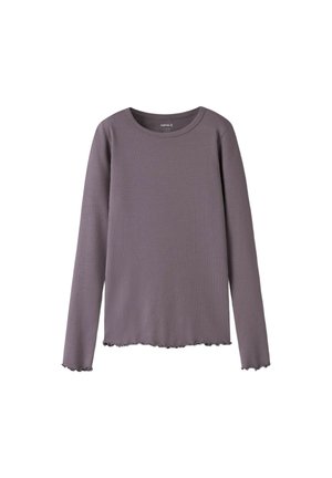 Chemise en tricot côtelé à manches longues de couleur violet atténué avec un col rond et un ourlet et des poignets à bordure ondulée, présentée à plat sur fond blanc.
