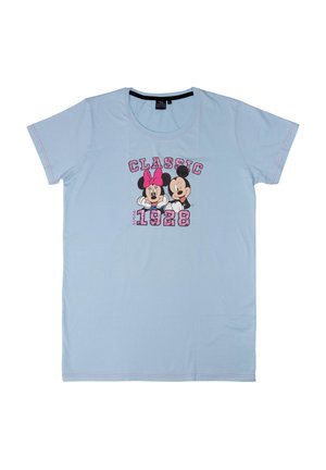 Helles blaues T-Shirt mit Rundhalsausschnitt, kurzen Ärmeln und einem grafischen Druck von Mickey und Minnie Maus mit dem Text "KLASSIK 1928".