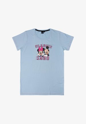 Helles blaues T-Shirt mit Rundhalsausschnitt, kurzen Ärmeln und einem grafischen Druck von Mickey und Minnie Maus mit dem Text "KLASSIK 1928".