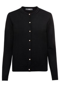 Svart kofta med långa ärmar, rund halsringning och knäppning med guldfärgade knappar. Tillverkad av mjukt material med en slät textur.