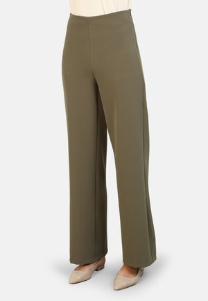 Pantalons taille haute, à jambe large, en vert olive, fabriqués en tissu doux au toucher lisse. Présentent des lignes épurées et une coupe ajustée.