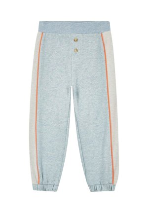 Light blue sweatpants with a gray stripe, orange side piping, elastic cuffs, and two golden buttons at the waist. Soft, textured fabric.