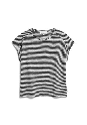 Black and white striped short-sleeve t-shirt with a round neck, lightweight fabric, and a straight cut, featuring raglan sleeves.