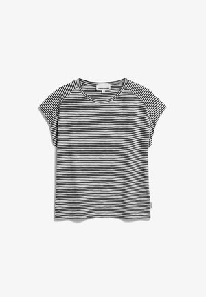 T-shirt a righe bianche e nere con maniche corte, colletto tondo, tessuto leggero e taglio dritto, con maniche raglan.