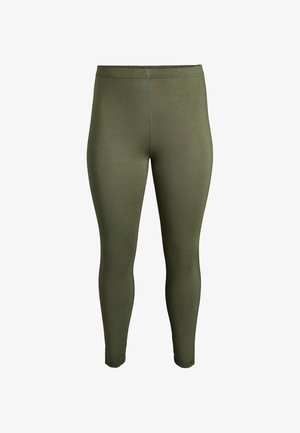 Legice v olivno zeleni barvi iz raztegljivega blaga, z elastičnim pasom, ozkim krojem in gladko teksturo. Brez vzorcev ali okraskov.