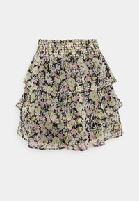 Vícevrstvý sukně s květinovým vzorem, černým základem a pastelovými květy v růžové a žluté. Elastický žabkovaný pas.