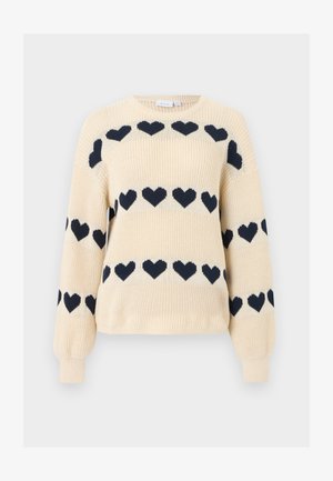 Cremefarbener Strickpullover mit schwarzen Herzmustern auf Brust und Ärmeln, mit einem runden Ausschnitt und langen Ballonärmeln.