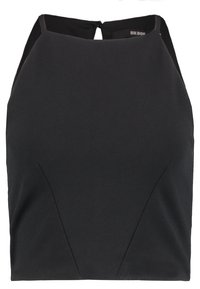 Top sans manches noir avec un col haut, présentant une texture lisse et une fermeture centrale au dos. Design ajusté avec des détails de couture subtils.