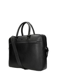 Black leather laptop bag with textured finish, dual handles, removable shoulder strap, and a front zippered pocket.