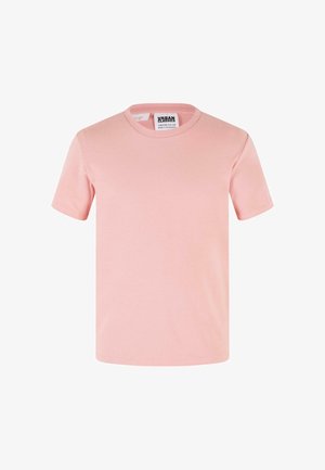 Rožinė medvilninė marškinė su trumpomis rankovėmis, apvaliu kaklu ir minkšta tekstūra. Viduje matomas etiketė. Paprastas dizainas be raštų ar akcentų.