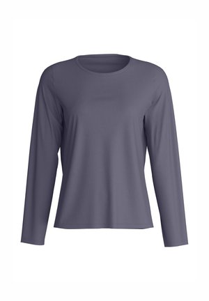 Langärmeliges, dunkelgraues Shirt mit Rundhalsausschnitt, geradem Saum und glattem Stoff, dargestellt auf weißem Hintergrund.