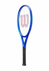 Blauer Tennisschläger mit runder Kopfpartie, weißen Saiten und rotem "W"-Logo. Strukturierter schwarzer Griff, leichtes Rahmen-Design.