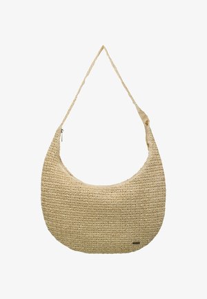 Sac à bandoulière beige tissé avec une forme incurvée et une seule sangle, équipé d'une petite fermeture éclair sur un côté et d'une étiquette de marque en métal près du bas.
