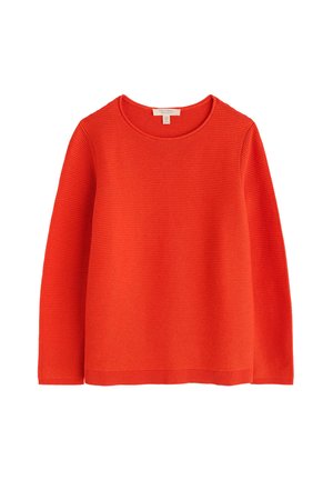 Maglione a coste rosso con scollatura rotonda e maniche lunghe. Presenta un tessuto strutturato e un orlo dritto nella parte inferiore.