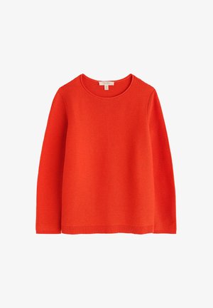 Maglione a coste rosso con scollatura rotonda e maniche lunghe. Presenta un tessuto strutturato e un orlo dritto nella parte inferiore.