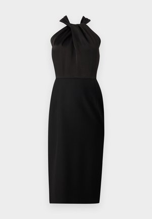 Musta halterneck-mekko, jossa on solmittu muotoilu bodice-alueella, istuva vyötärö ja suora siluetti polveen saakka. Sujuva kangastuntuma.