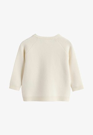 Kremasti pleteni pulover s okruglim izrezom, polu-dugim rukavima, rebrastim manžetama i rubom te glatkom teksturom.