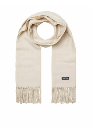 Écharpe tissée beige clair avec des extrémités à franges torsadées, pliée en haut, avec une petite étiquette noire portant le texte "Jack & Jones".