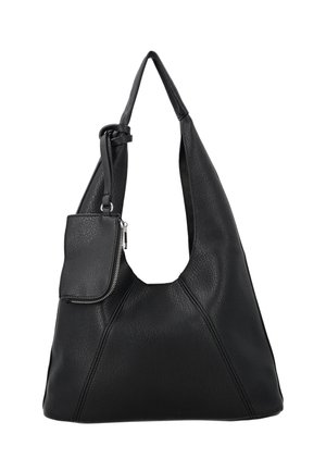 Schwarze Lederschultertasche mit breitem Riemen und kleinem Reißverschlussfach nahe dem oberen Rand befestigt.