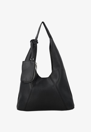 Geantă de umăr din piele neagră cu o curea lată și un mic buzunar cu fermoar atașat aproape de marginea superioară.