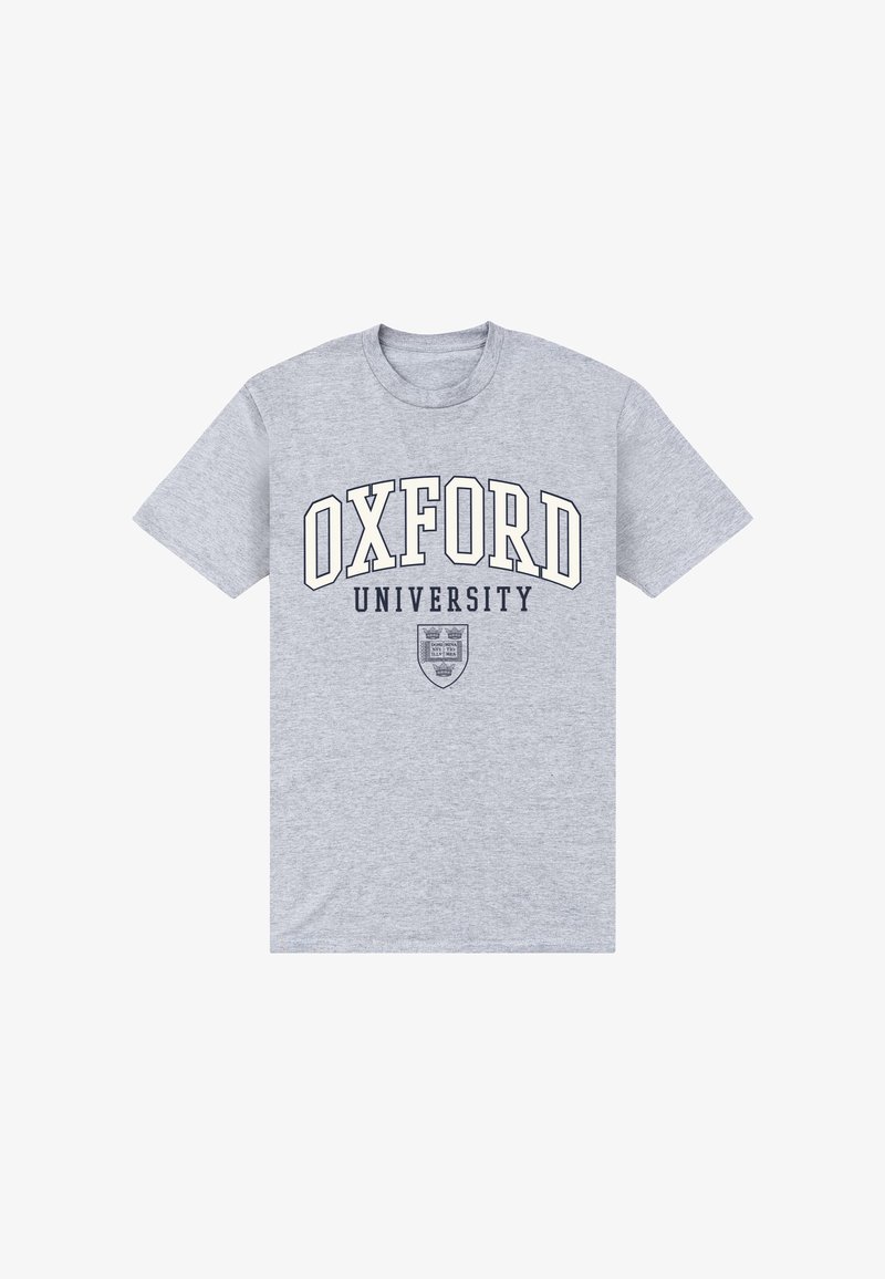 Light gray short-sleeve T-shirt with "OXFORD UNIVERSITY" text and university shield logo printed in dark blue and cream on the front center.