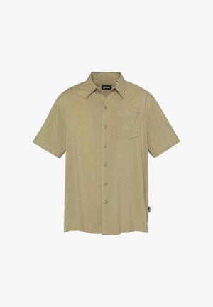 Camicia da uomo beige a maniche corte con bottoni, colletto a punta e taschino sul petto, con marchio "Schott" sul taschino e sull'etichetta interna.