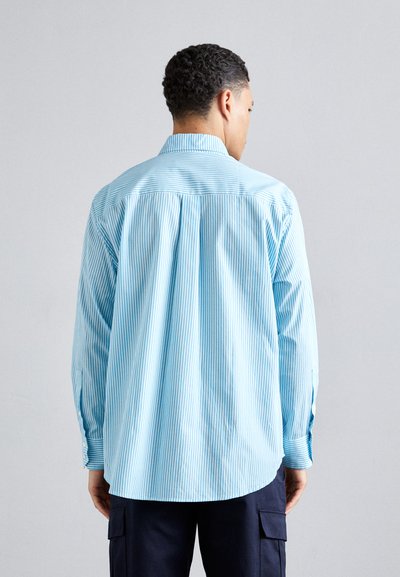 Camisa de botones azul claro con rayas verticales blancas, mangas largas, yoke trasero y detalle de dobladillo curvado.