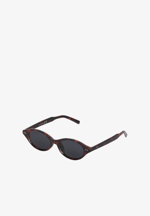 Round tortoiseshell sunglasses with dark lenses and thin arms, shown at a slight angle on a white background.