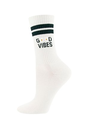 White ribbed sock with two black stripes near the top, black text "G D VIBES" with two gold dots replacing the "O"s.