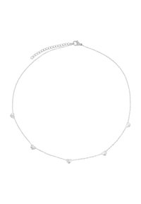 Collana in argento con cinque pendenti a forma di cuore con dettagli texture, chiusa con un gancio a scatto e di lunghezza regolabile.