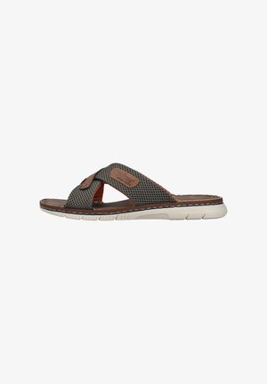 Men's slide sandal featuring a gray mesh upper, brown leather accents, and a white rubber sole with textured tread.
