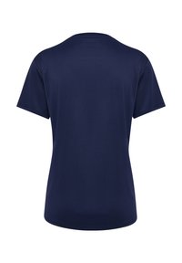 Effen donker marineblauw T-shirt met korte mouwen en een ronde hals, van achteren getoond tegen een witte achtergrond.