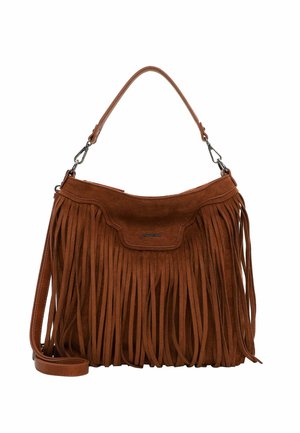 Borsa a spalla in suede marrone con dettagli frangiati. Presenta un manico superiore e una tracolla rimovibile, che aggiungono versatilità al design.