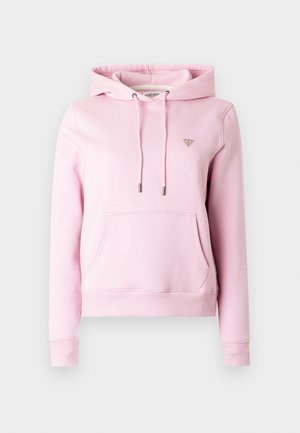 Ροζ φούτερ με κουκούλα από μαλακό ύφασμα, διαθέτει τσέπη μπροστά, κλείσιμο με κορδόνι και μικρό τριγωνικό λογότυπο στο στήθος.