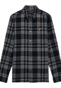 Camisa de cuadros negra y gris hecha de tejido tejido, con cierre de botones en la parte delantera, cuello puntiagudo y un logo amarillo bordado en el pecho.