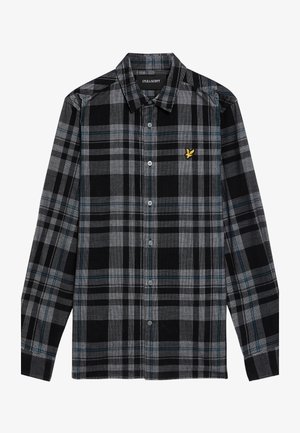 Zwart en grijs geruit overhemd van geweven stof, met een knoopsluiting aan de voorkant, een puntige kraag en een geborduurd geel logo op de borst.