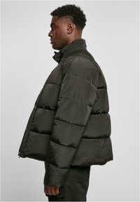Chaqueta de plumas negra con un cuello alto, que presenta un diseño acolchado y una textura suave. Ajustada en los hombros, suelta en la cintura.