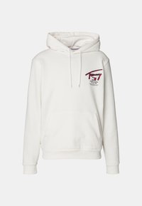 Witte hoodie van zacht katoen, met een voorzak, drawstrings en een meerkleurige logo tekst op de linkerkant van de borst.