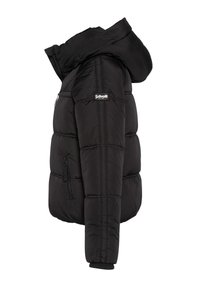 Giacca nera imbottita con cappuccio, dotata di tasche con zip e polsini elastici. Realizzata in un tessuto leggero e trapuntato.