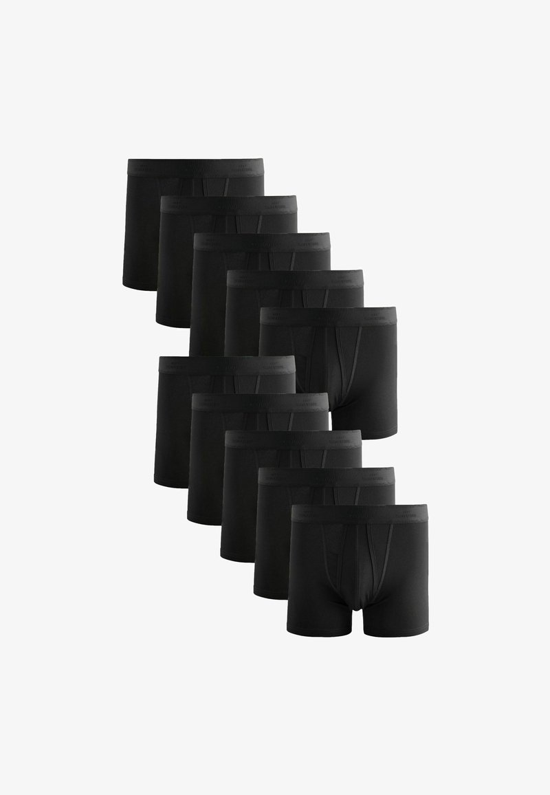 Set of 10 black men's boxer briefs, made from soft, stretchable fabric. Features a wide elastic waistband with a logo and a classic cut design.