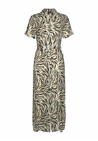 Robe midi à manches courtes, avec boutonnage, ceinture à la taille et un motif abstrait de rayures de tigre en beige, noir et brun.