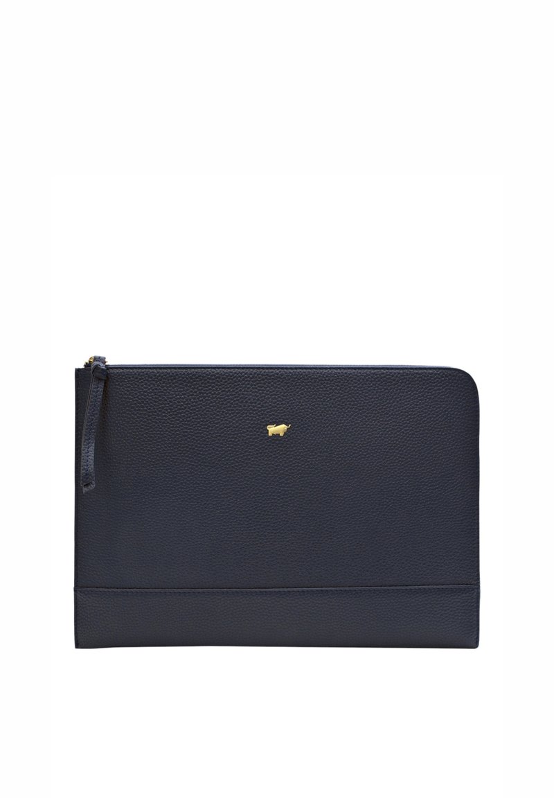Navyblaues Leder-Clutch mit strukturiertem Finish, goldfarbener Logo-Akzent und Reißverschluss. Rechteckige Form, minimalistisches Design mit schlanker Silhouette.