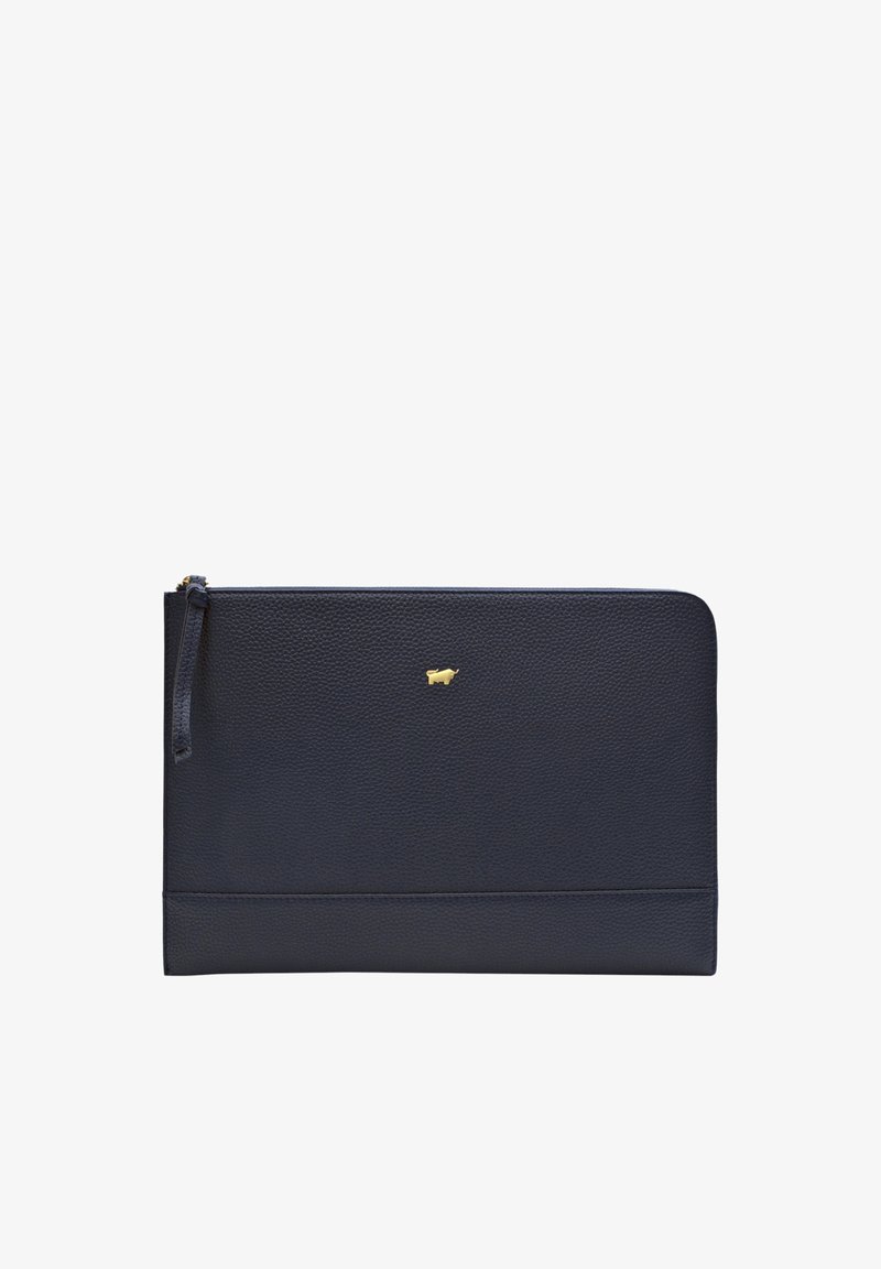 Navyblaues Leder-Clutch mit strukturiertem Finish, goldfarbener Logo-Akzent und Reißverschluss. Rechteckige Form, minimalistisches Design mit schlanker Silhouette.