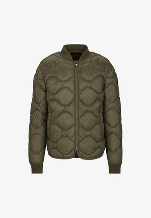 Olive green puffer jacket with a zip front, ribbed cuffs, and a quilted design featuring round geometric patterns. Lightweight fabric.