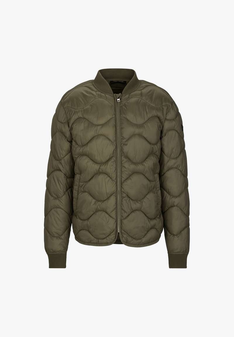 Olijfgroene pufferjack met een ritssluiting aan de voorkant, ribbelmanchetten en een gequilt ontwerp met ronde geometrische patronen. Lichtgewicht stof.